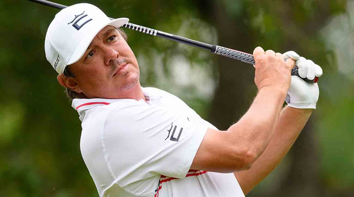 Jason Dufner watches a tee shot at the 2023 RBC Canadian Open at Oakdale Golf & Country Club in Toronto, Ontario.